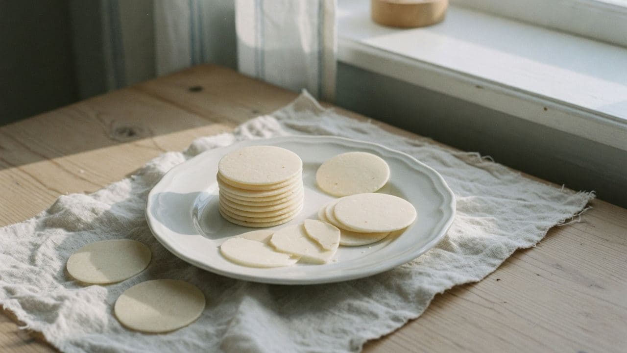 Tunna runda oblater på ett vitt fat i morgonljus