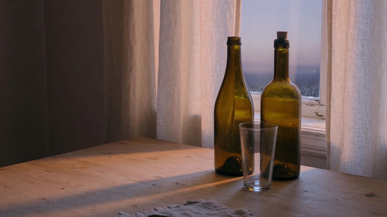 Två bruna glasflaskor och ett tomt glas på ett träbord i skymningsljus