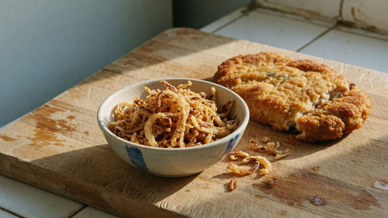 En skål rostad lök bredvid en panerad kotlett på en sliten skärbräda