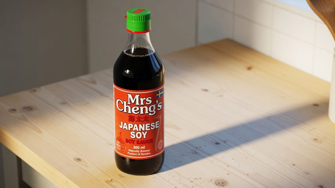 En flaska Mrs Cheng’s japanska sojasås på en träbänk i sidoljus