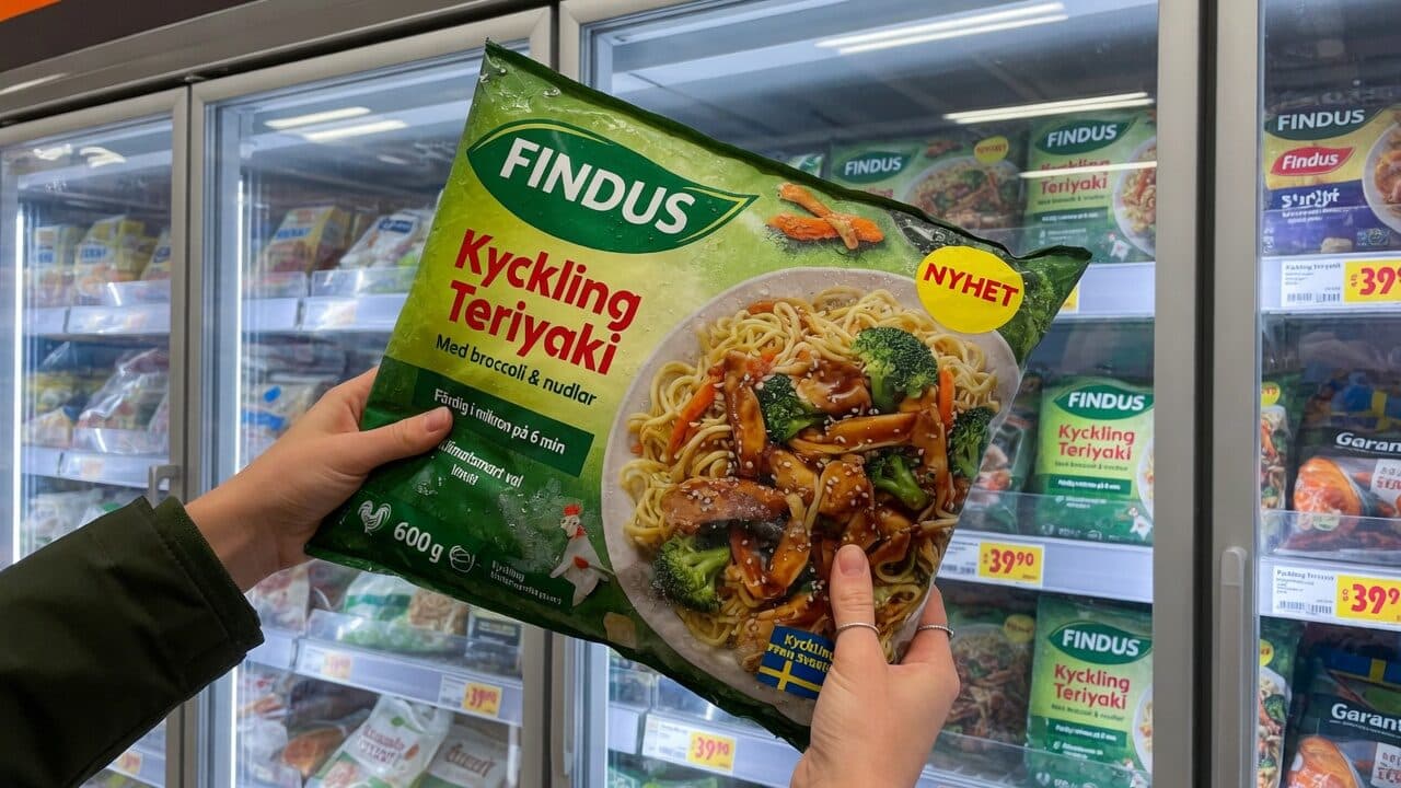 En påse Findus Kyckling Teriyaki hålls upp framför frysdisken i en matbutik