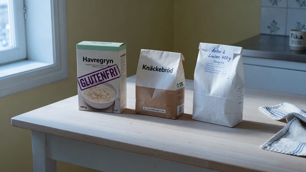 Tre matförpackningar på ett köksbord: havregryn märkta glutenfria, knäckebröd och en påse ärtor och linser