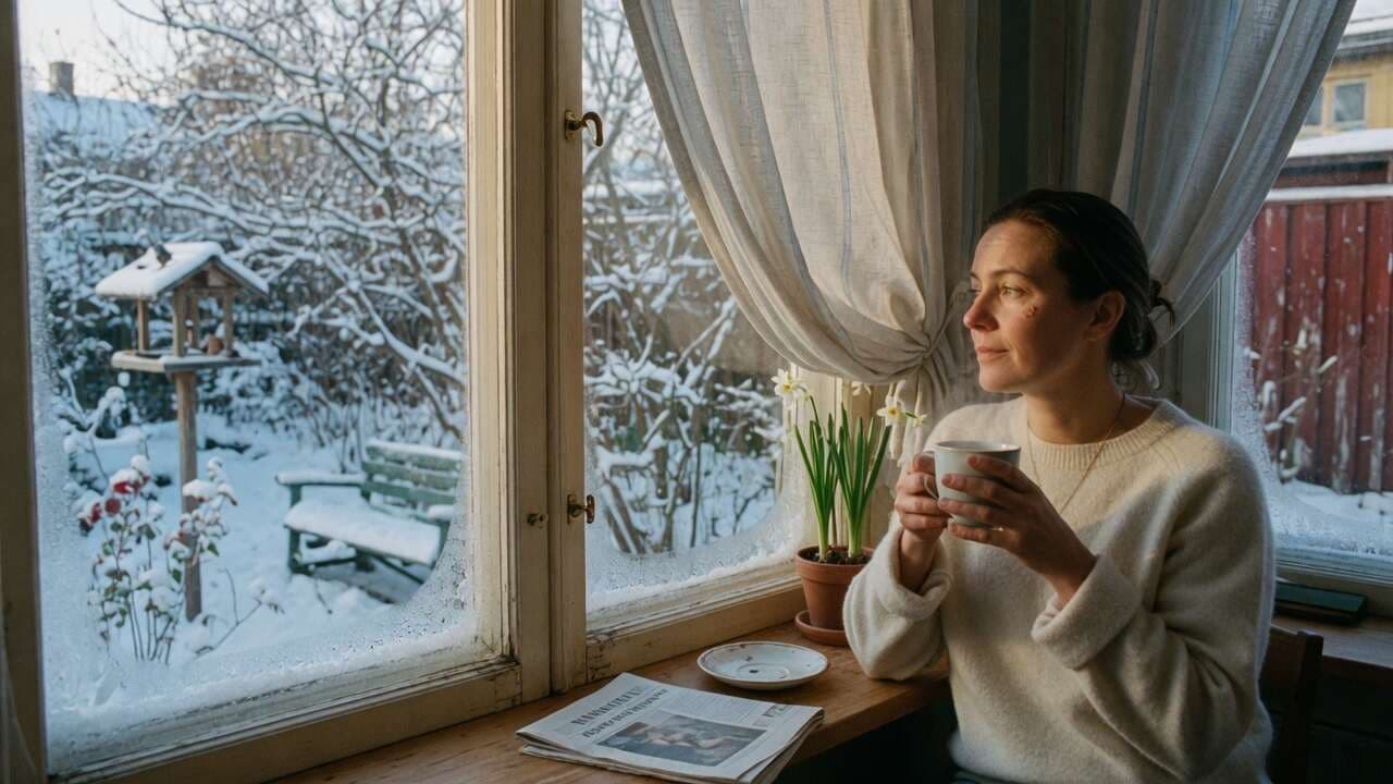 En person sitter vid ett fönster mot en vinterträdgård och håller en kopp