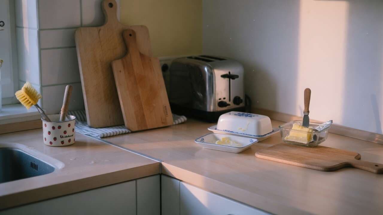 Två skärbrädor, en brödrost och två smöraskar på en köksbänk i sidoljus