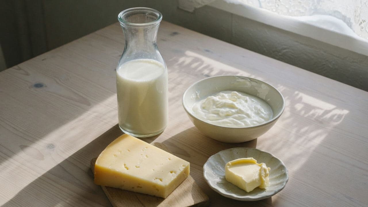 Mjölk i en glasflaska, yoghurt, ost och smör på ett träbord i morgonljus