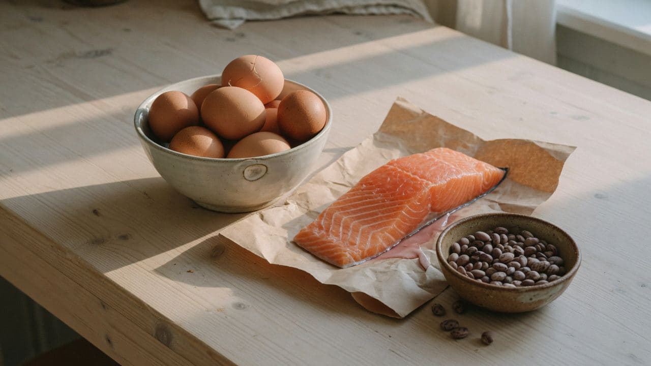 Ägg, lax och bönor upplagda på ett träbord i morgonljus