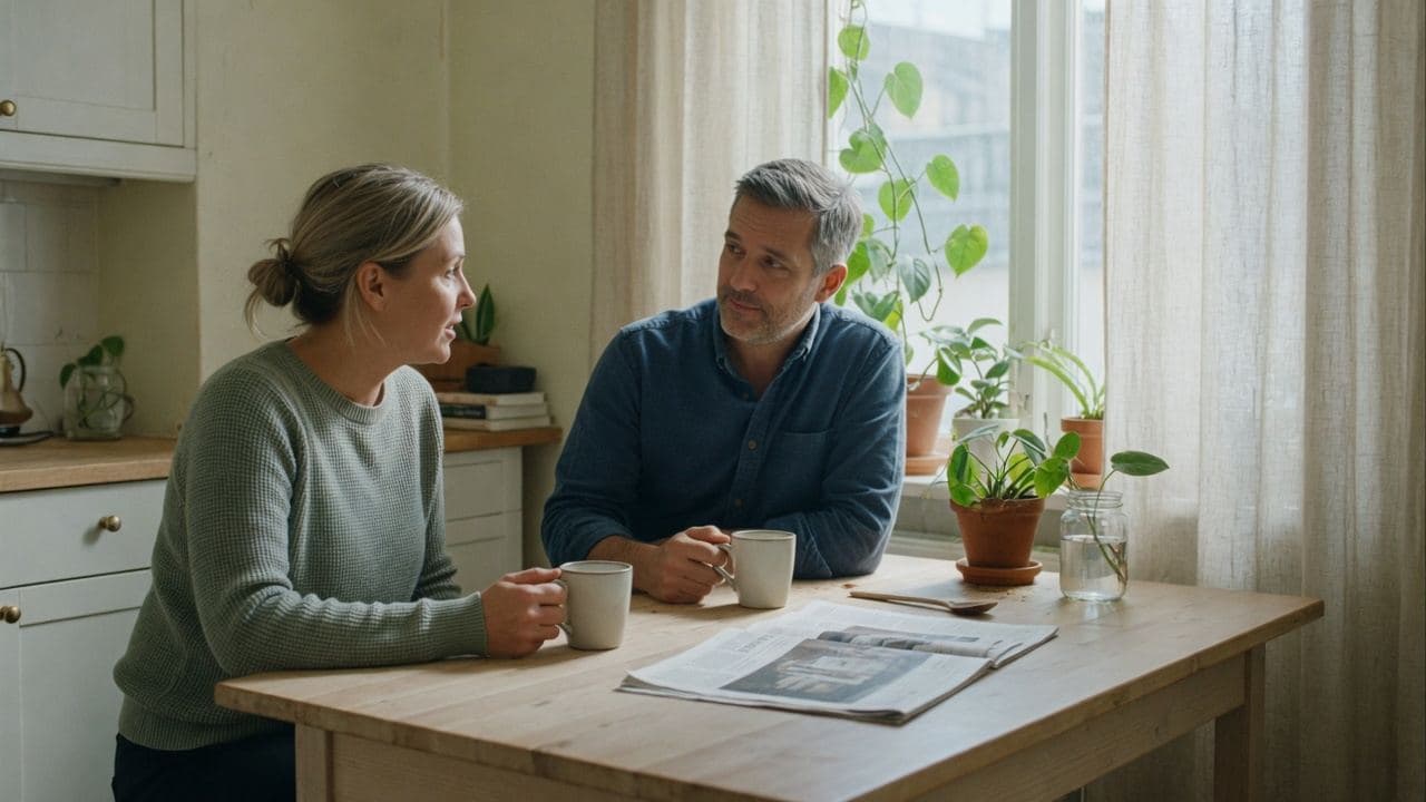 Två personer sitter vid ett köksbord med kaffe och pratar i morgonljus