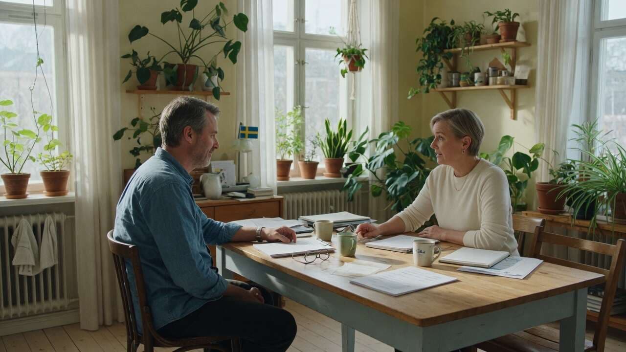 Två personer i samtal vid ett bord i ett ljust rum med växter