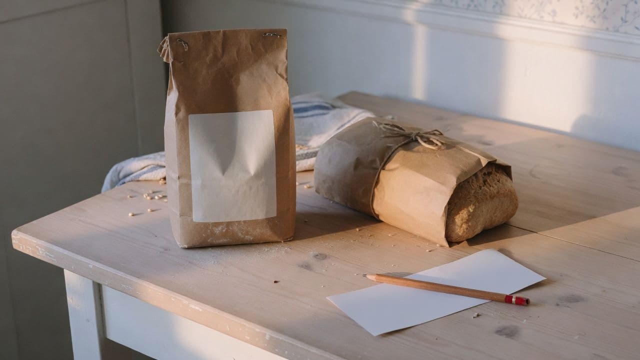 En papperspåse mjöl, ett inslaget bröd och ett blankt papper med penna på ett köksbord