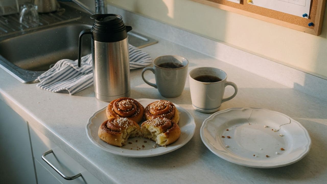 Kanelbullar och kaffe på en kontorsbänk, med en tom tallrik bredvid