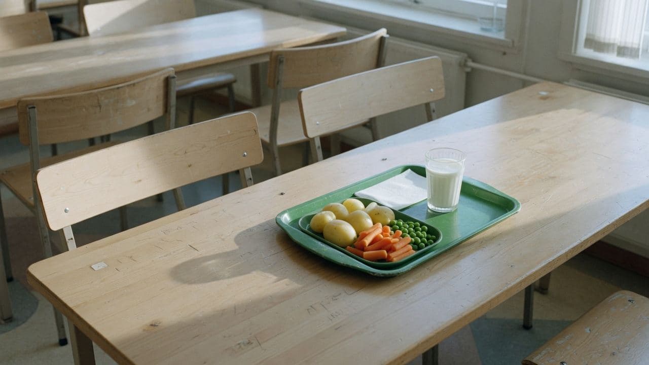 En grön skolbricka med potatis, morötter och mjölk på ett tomt matsalbord