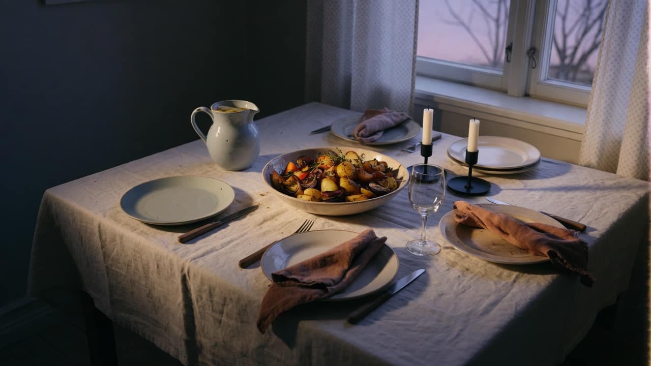 Ett dukat matbord i kvällsljus med rostade grönsaker och en extra kuvert